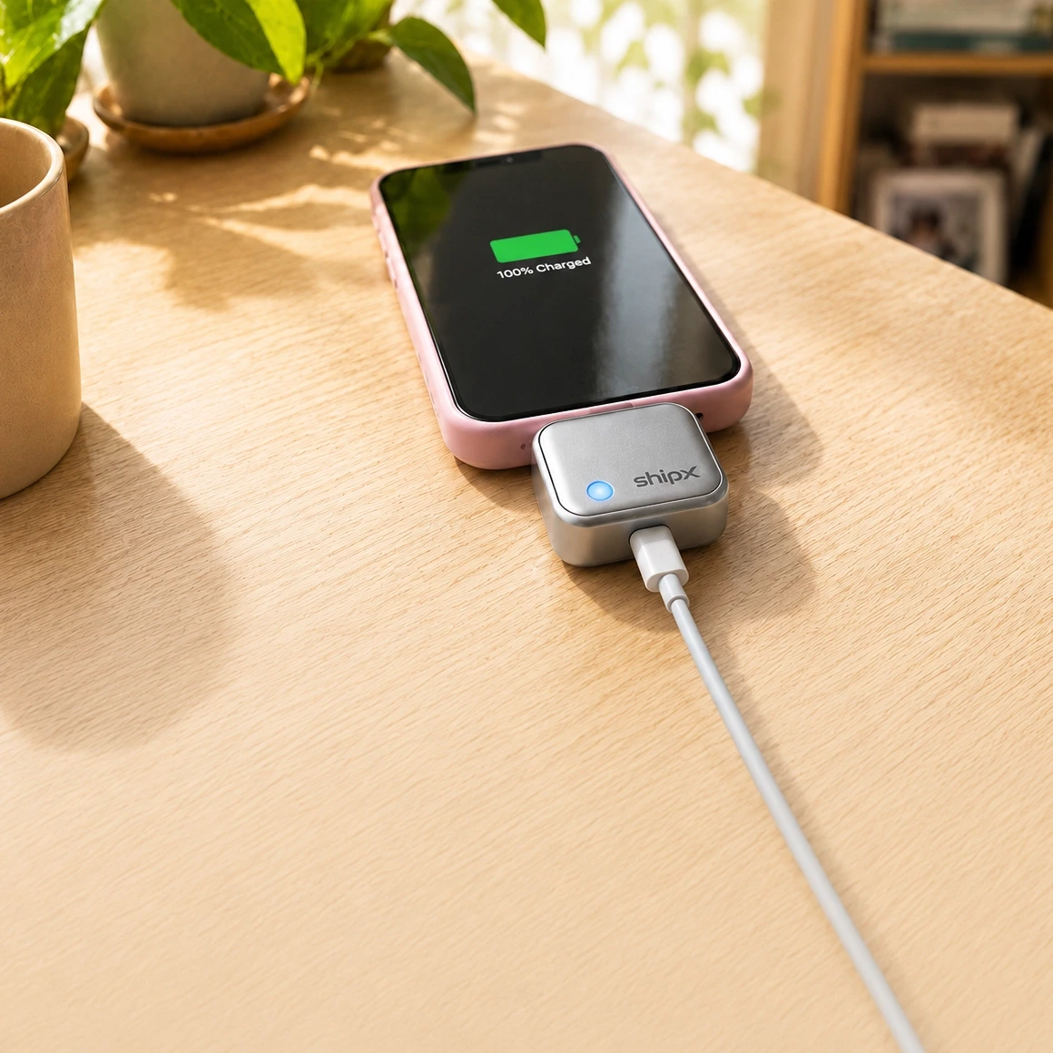 Un iPhone marca 100% cargado junto al adaptador inteligente SHIPX que ya cortó la energía, sobre un escritorio