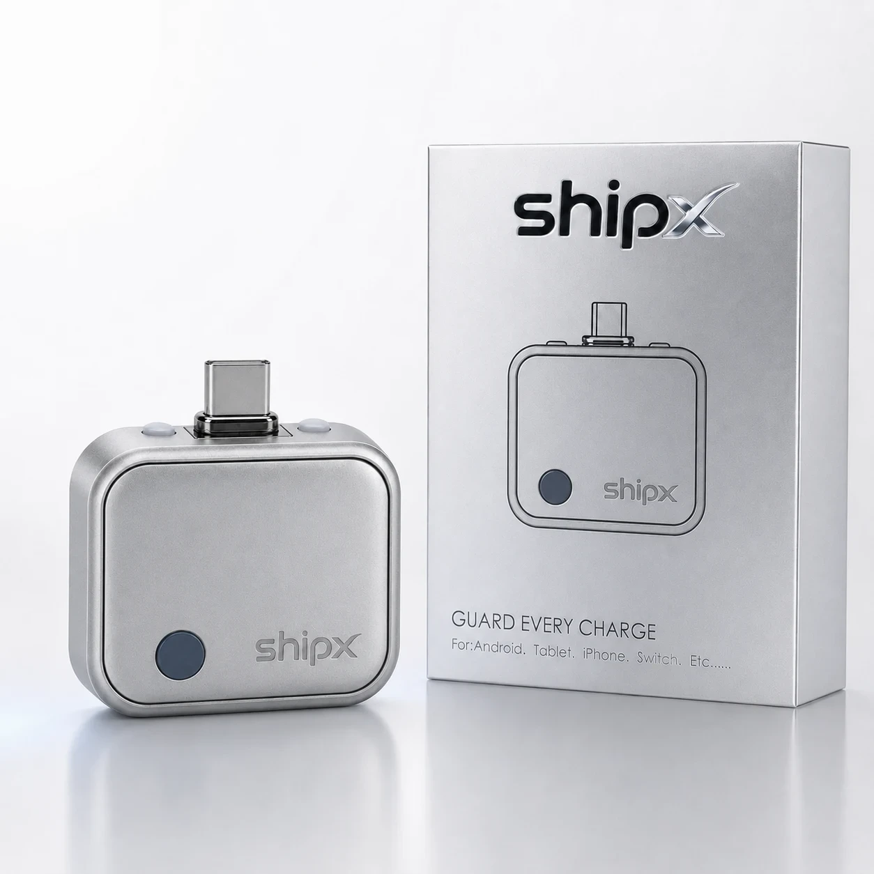 Adaptador inteligente de carga USB-C SHIPX junto a su caja "Guard Every Charge": compatible con Android, tablet, iPhone, Nintendo Switch y más