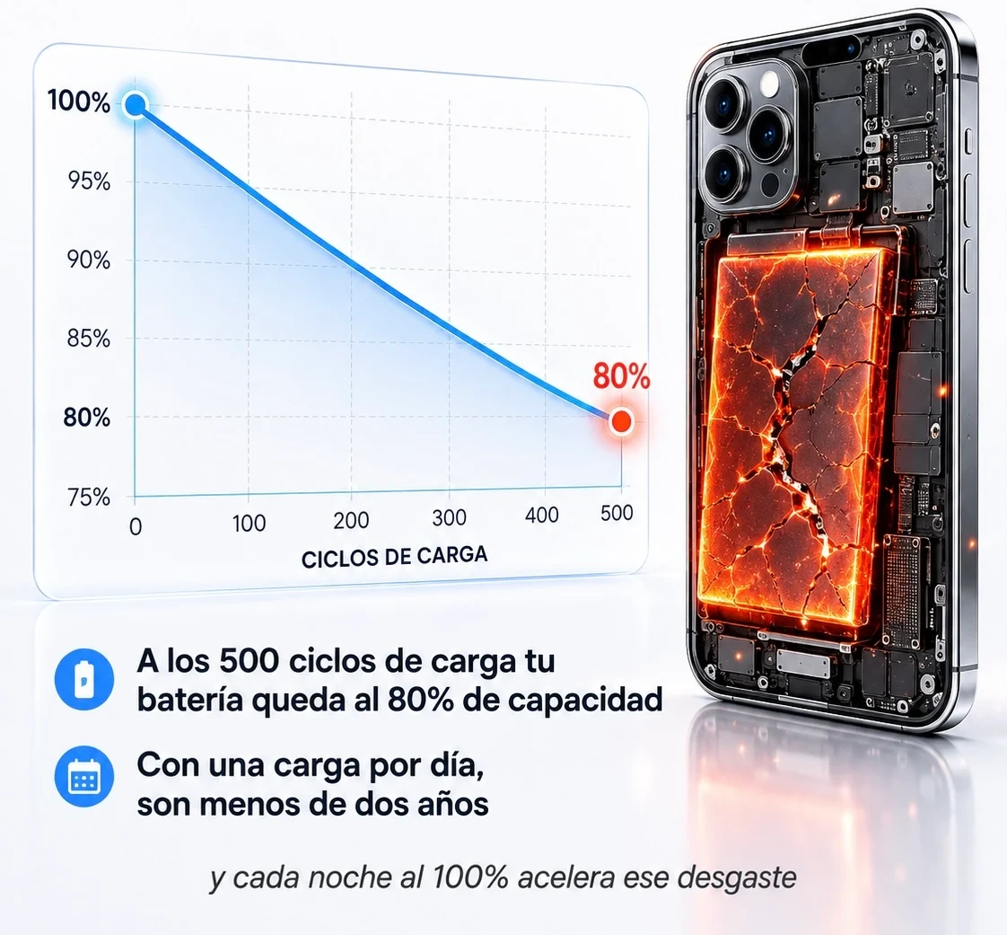 Gráfico de capacidad de batería contra ciclos de carga: a los 500 ciclos queda el 80% de la capacidad original, que con una carga por día son menos de dos años