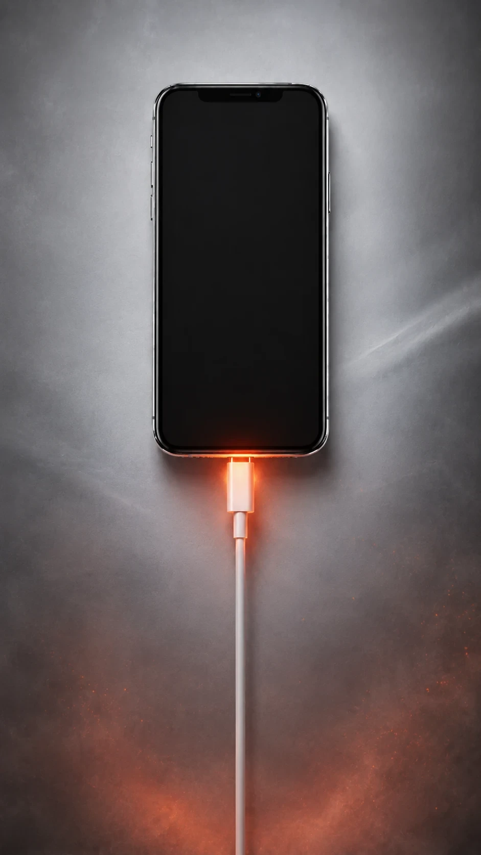 Carga tradicional: un teléfono cargando con el conector caliente al rojo, el calor que desgasta la batería con el tiempo