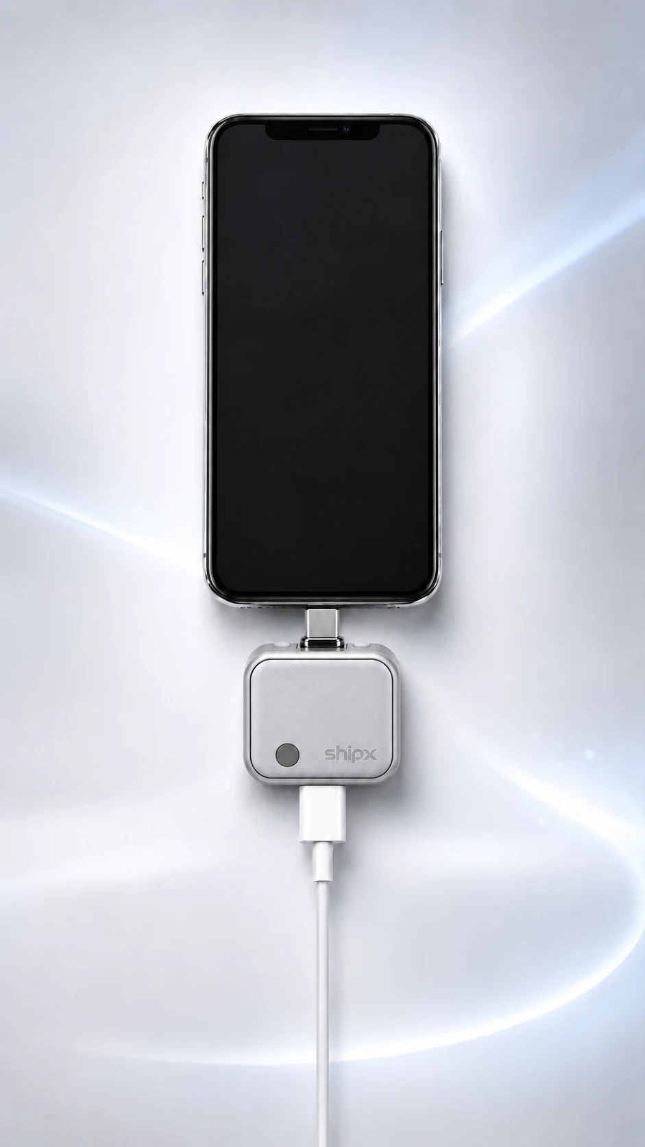 Con el corte físico SHIPX: un teléfono cargando a través del adaptador SHIPX, que corta la energía al llegar al 100%